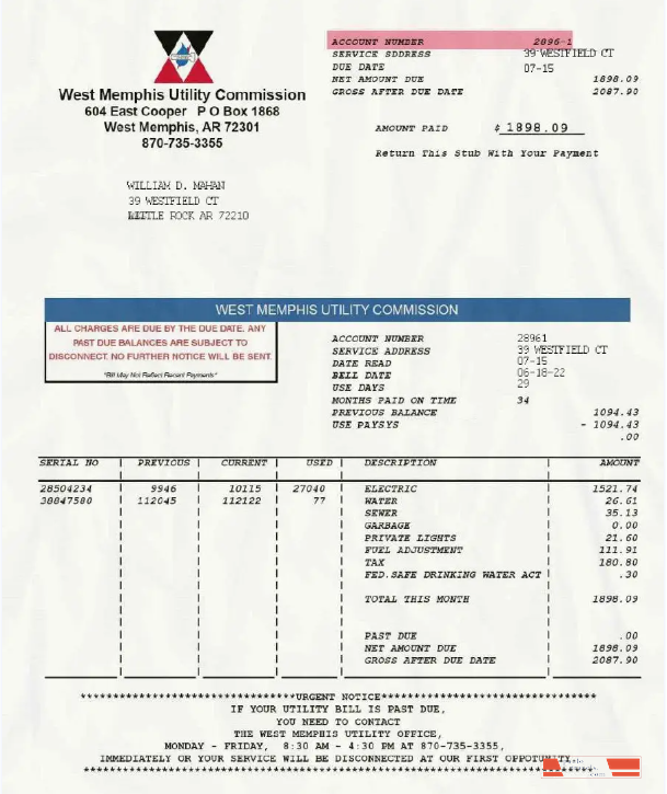 USA WEST MEMPHIS UTILITY COMMISSION utility bill Word and PDF template